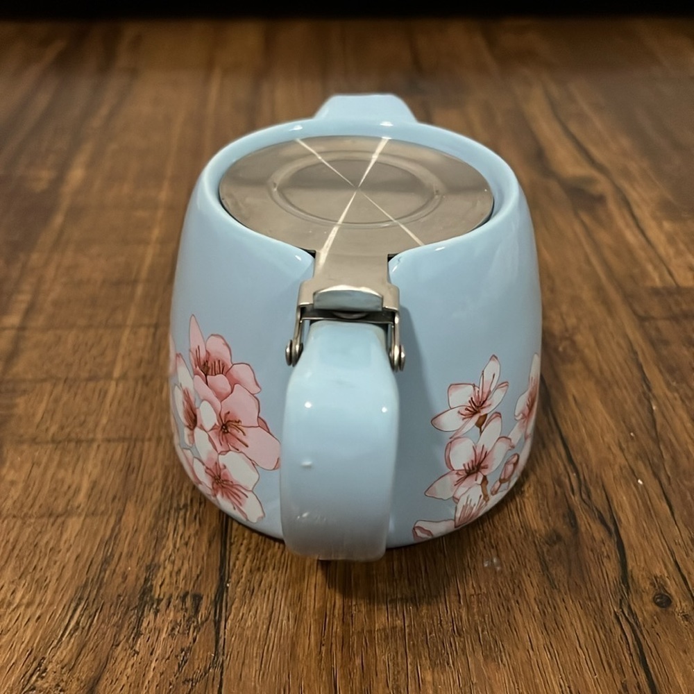 Alfred Ceramic and Stainless Steel Teapot 20 oz Blue Pink Floral Cherry Blossom - Picture 5 of 10